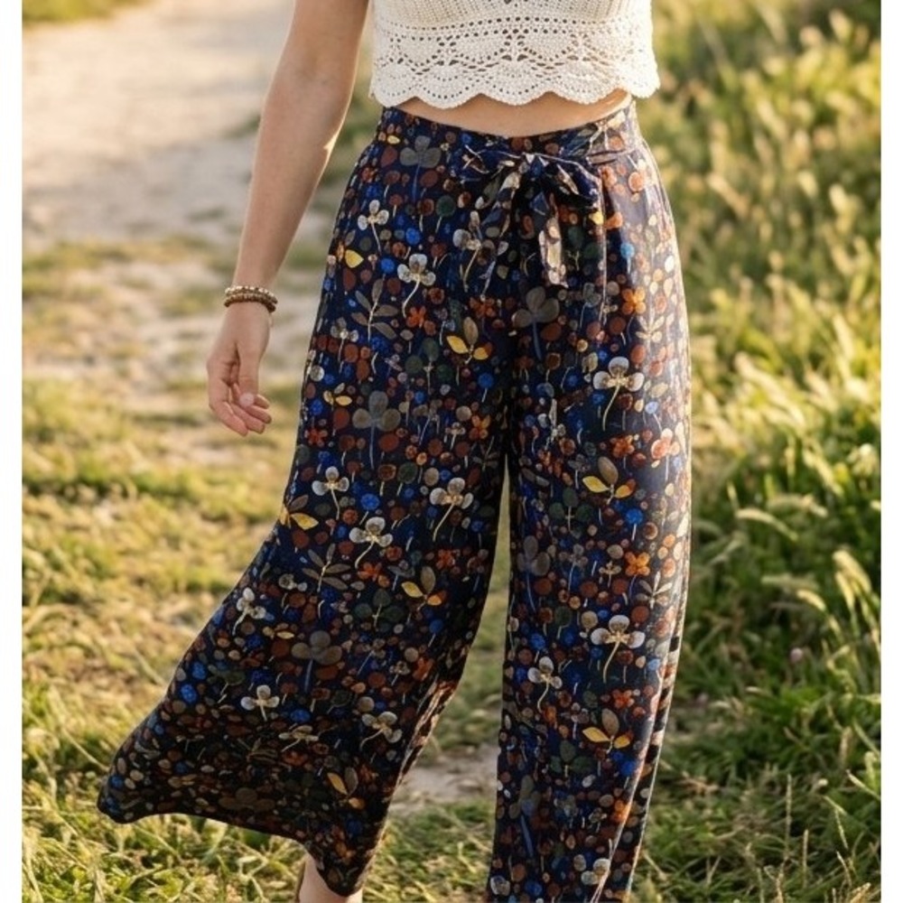 Mexicali Blues M/L Navy Floral Wide Leg Boho Pants Elastic Tie‎ Waist Hippie
